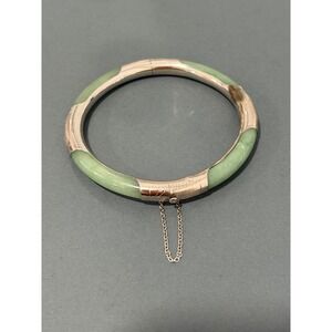 Jadeite Bangle Bracelet Women 7.25" Green Hinged Etched Silver Tone Chinoiserie